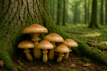 AI-Generated image of edible mushrooms growing at the base of a huge ancient tree in a lush forest.
