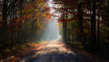 A sunlit forest path bathed in golden autumn light with mist rising from the ground creating a magical and serene atmosphere