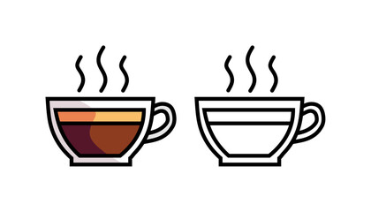 A set of two icons depicting a hot coffee or tea in a mug, with one in a full-color version and the other in a simple outline. Perfect for coffee shop menus, apps, and websites.