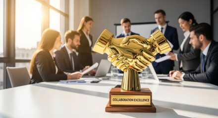 Team applauding a golden trophy with handshake