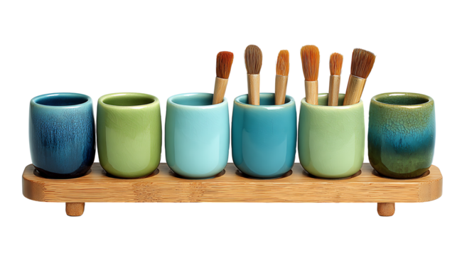 Set of colorful blue and green ceramic cups with art and makeup brushes on wooden stand. Isolated on Transparent background. High quality PNG file