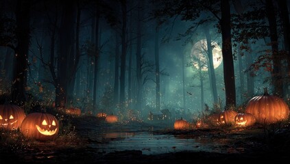 Halloween forest scene, glowing pumpkins