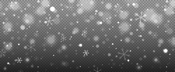 Christmas snow bokeh overlay. Snowflakes on transparent background Winter Christmas and New Year decoration effect overlay. Stock vector illustration in realistic style.