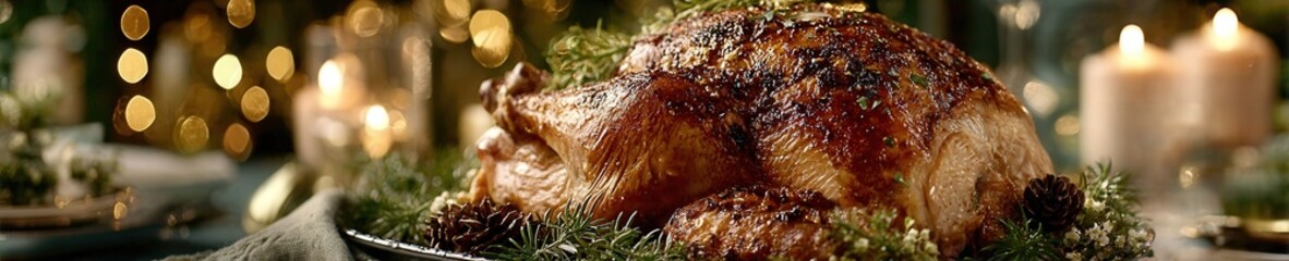 Candlelit Christmas dinner table with roasted turkey, pine decor, and glowing fairy lights creating a festive cinematic atmosphere.