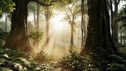 Sunlight Filtering Through Dense Tropical Forest Trees During Morning with Gentle Rays - Powered by Adobe