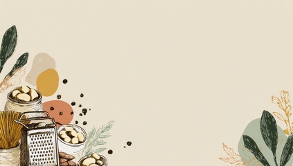 Beige background with hand-drawn food items and foliage in a corner composition