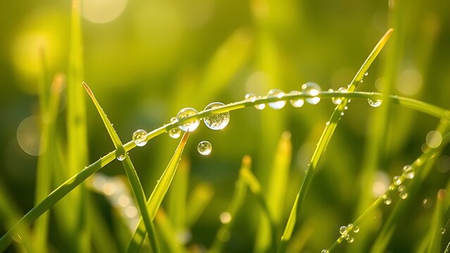 Morning dew glistens on tender grass blades, capturing the freshness of a spring day.