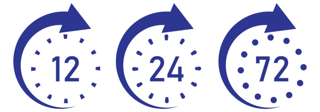 Clock Arrow Icon Set | , 24, 48, 72 Hours Time Symbols. Classic Outlined and Minimal Timers. Symbol work time, delivery and service time vector illustration.