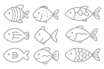 Doodle fish icons set. Hand drawn sea fish collection. Children sketch drawing. Line art. Vector illustration isolated on white background.