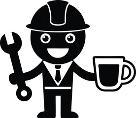 Cartoon coffee cup engineer with hard hat and wrench cute kawaii vector art