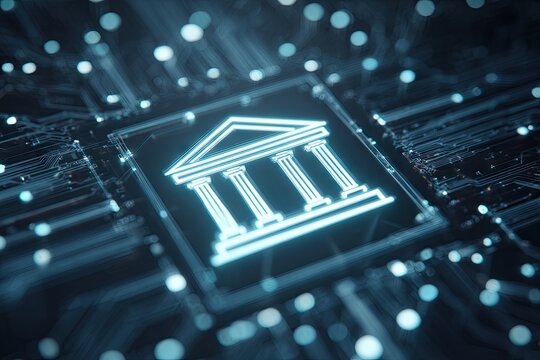 A glowing, white icon of a classical building, likely a bank or government structure, is centered on a dark backdrop of intricate circuit board pathways.  The icon is outlined in a transparent box. - Powered by Adobe