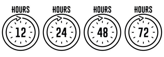 Hour icon 12, 24, 48 and 72 hours clock arrow. Set of fiery countdown timer icons for urgent delivery or sale: 12, 24, 48, and 72 hours. Ideal for marketing, ecommerce, and fast service promotions. 
