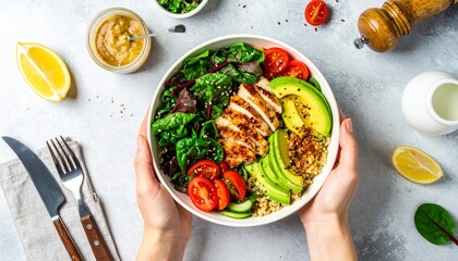 Top view of hands holding a healthy lunch bowl with grilled chicken, quinoa, avocado, and fresh salad. Concept of a balanced diet and clean eating