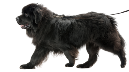 Black fluffy dog walking against a white isolated background.