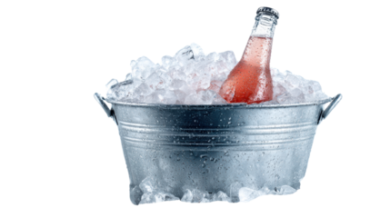 Bottle of soda in a bucket of ice on a white isolated background.