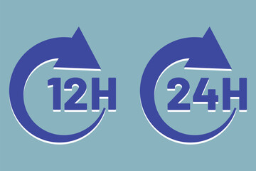 12 and 24 hours clock arrow icon isolated on white background. Watch and stopwatch, clock and alarm. Fast delivery and shipping stickers. Vector illustrations. Eps 10.