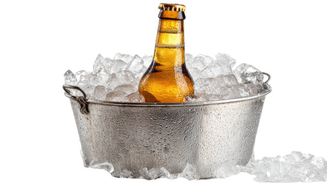 Chilled beer bottle in a metal bucket filled with ice cubes, perfect for summer gatherings and celebrations.