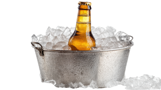 Chilled beer bottle in a metal bucket filled with ice cubes, perfect for summer gatherings and celebrations.
