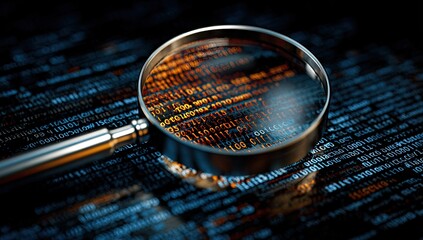 Magnifying glass focusing on complex digital code