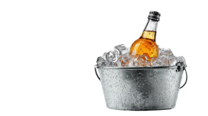 Chilled beverage in a metal bucket filled with ice, isolated on white background.