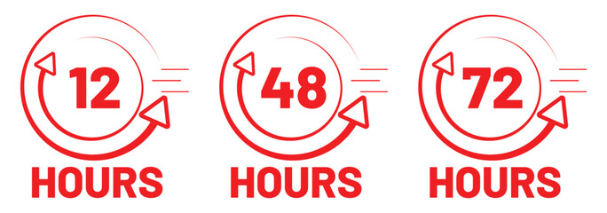 Set of 12, 48 and 72 hour clocks with arrows.12, 48 and 72 hours icon flat style on a white background.  Vector work time effect or delivery service time icon. eps 10