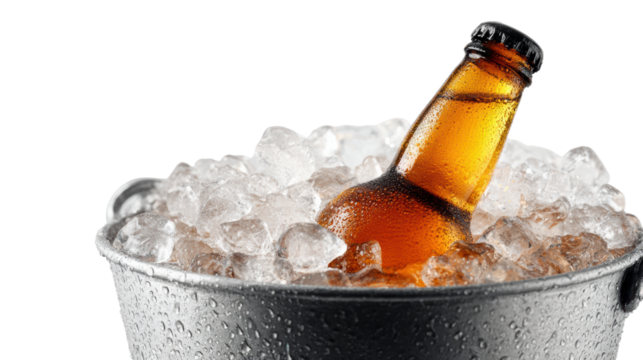 Chilled beverage bottle in an ice bucket, refreshing drink for gatherings, cool and inviting summer treat.