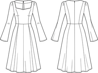 Elegant long sleeve fit and flare dress technical fashion flat, detailed front and back sketch, perfect sewing pattern reference.