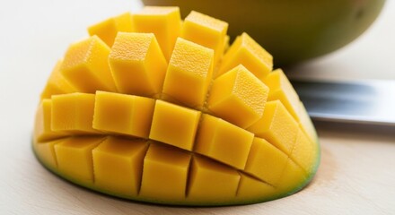 Close-up of a mango cut into small, precise cubes, ready for use in a recipe.