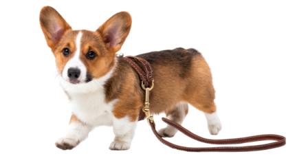 Corgi dog on a leash, isolated on white background.