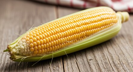 Fresh, yellow corn on the cob, whole, resting on a rustic wooden surface.
