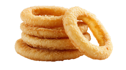 Delicious crispy onion rings stacked together, isolated on a white background.