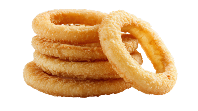 Delicious crispy onion rings stacked together, isolated on a white background.