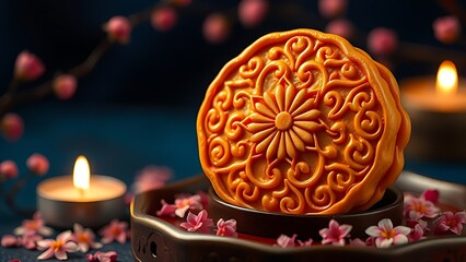 Fototapeta premium A golden mooncake with floral designs sits on a tray amid osmanthus blossoms.