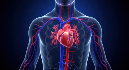 Human heart and circulatory system with arteries and veins illustration for medical or science education
