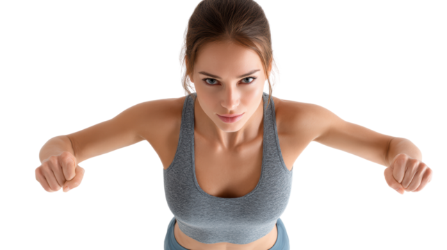 Fit woman training with confidence, showcasing strength and determination against a white background.