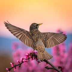 Obraz premium A bird with wings outstretched, perched on a flowering branch against a sunset