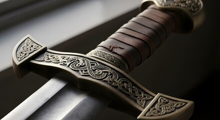 Close-up of an ornate medieval sword hilt with intricate Celtic knotwork and a leather-wrapped grip.