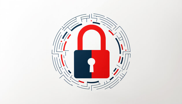 a dual-color red and blue padlock within a circuit graphic representing a security conflict, threat analysis, or the balance between vulnerability and protection.
