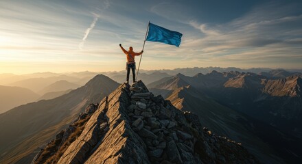 Obraz premium Climber celebrates atop mountain peak waving a blue flag with a stunning panoramic view showcasing achievement and inspiring adventure