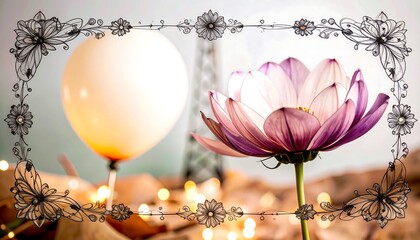 A soft-focus image of a flower and balloon, framed by a delicate floral border, set against a bokeh background