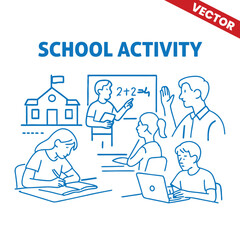 School Activity Outline Graphic Illustration: Students Engaged in Classroom Activities with Teacher in Front of Blackboard