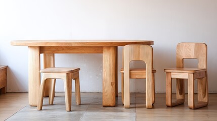 Simple wooden dining table and chairs.
