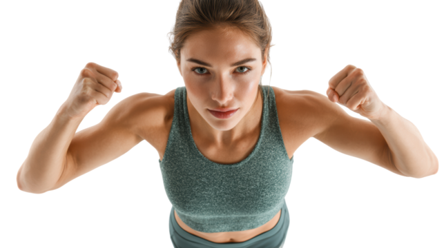 Strong woman flexing muscles in athletic wear, demonstrating empowerment and fitness on a white isolated background.