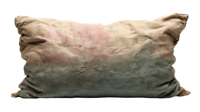 Worn vintage pillow with a soft fabric, dusted appearance, resting on a white background.