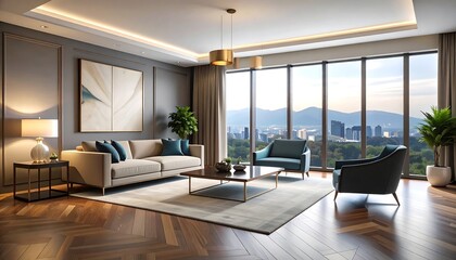 Obraz premium A sophisticated modern living room boasts a neutral color palette and panoramic city views, showcasing stylish furniture and a sophisticated aesthetic.