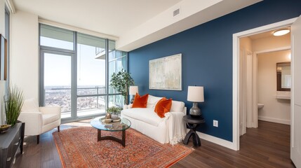 Fototapeta premium Modern living room with city views.