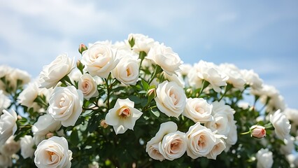 Obraz premium Close-up of white bush roses in full bloom against a soft blue sky, embodying spring garden beauty.
