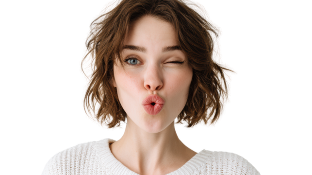 A cheerful young woman makes a playful face, winking and puckering her lips, expressing joy and confidence.