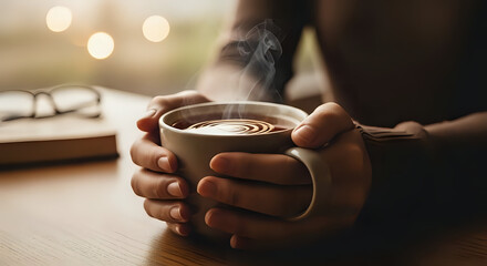 Cozy steaming coffee cup held warmly in hands, evoking relaxation and comfort near reading glasses, perfect for lifestyle blogs and wellness content