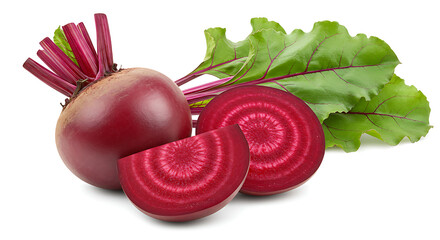 Fresh red beetroot with green leaves and half cut isolated on white background — healthy organic vegetable